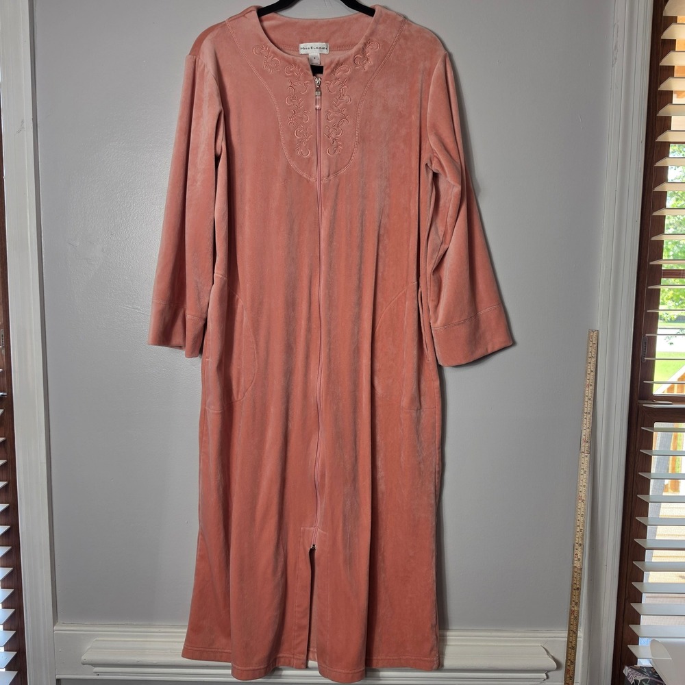 Miss Elaine Robe Velour Pink Embroidered Zip Front Long Loungewear Small